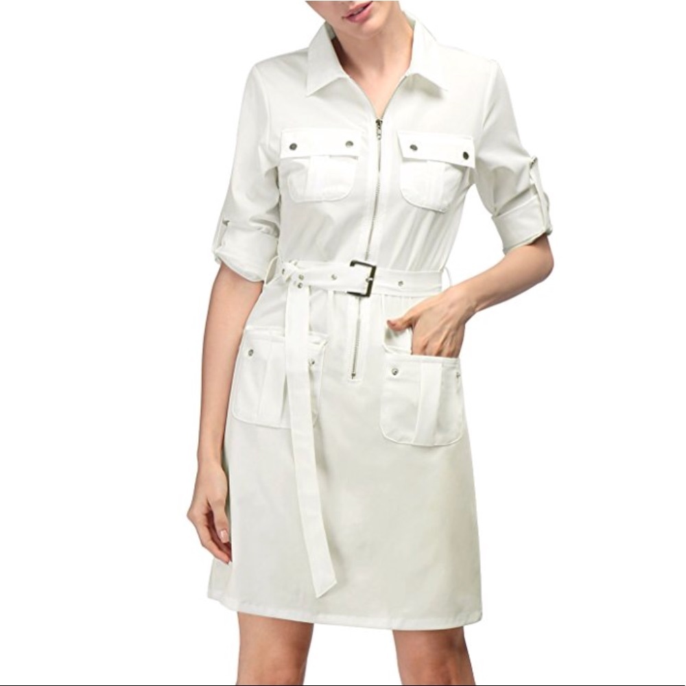 Belted Zip Up Multi Pocket Boyfriend Shirt Dress - Picture 2 of 6